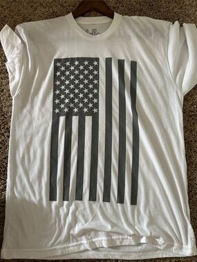 Hello White Short Sleeve Tee with Gray American Flag Graphic